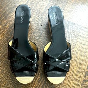 Jimmy Choo patent slides with cork bottom